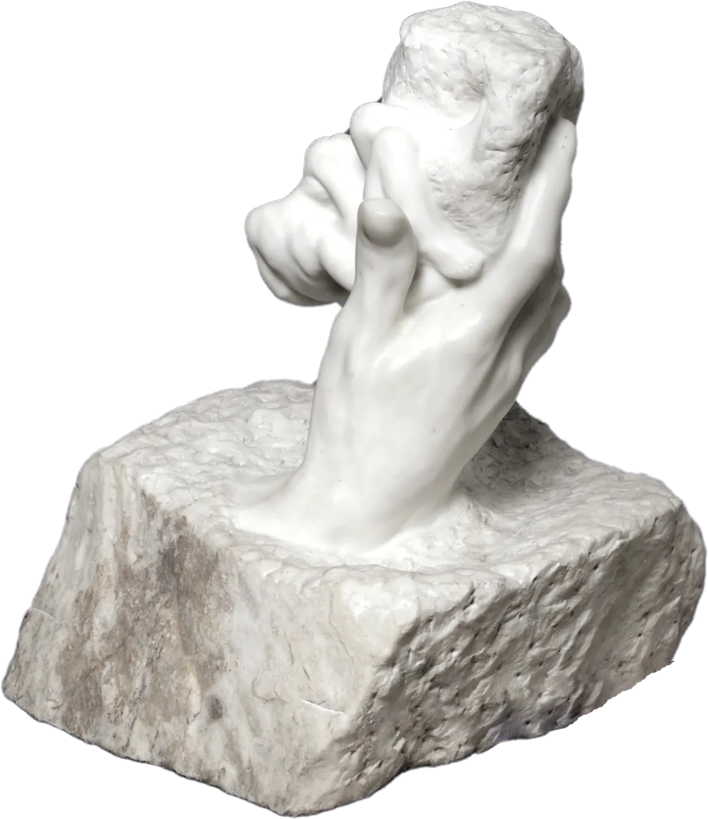 Marble sculpture by Auguste Rodin: a hand rising out of a rough, uncut block of stone.
